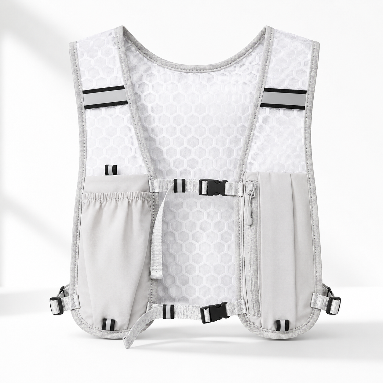 A light gray and white running hydration vest with reflective stripes, multiple front pockets, and adjustable straps, shown against a clean white background.