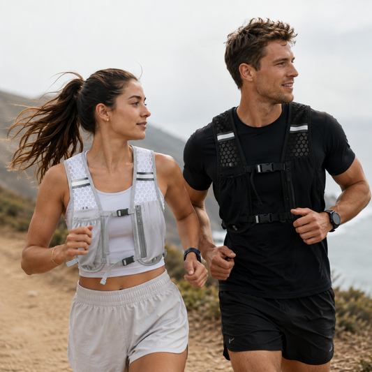 A man and a woman running side by side outdoors, each wearing a reflective hydration running vest. The woman's vest is light gray and white, and the man's vest is black with reflective details.