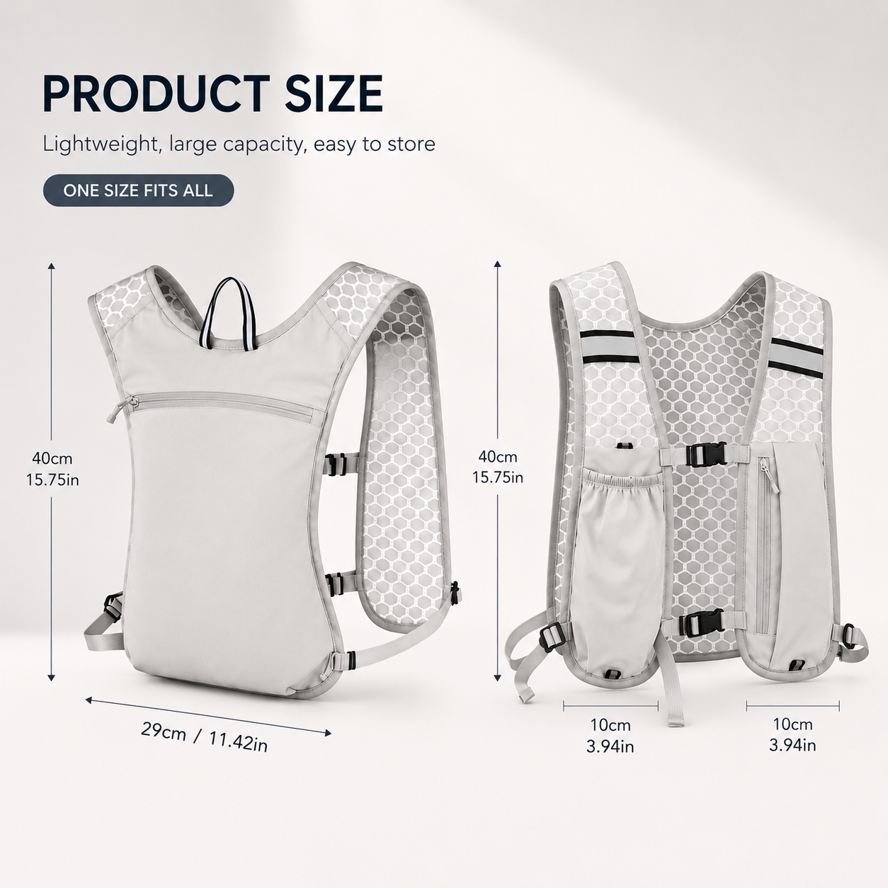 Product size diagram showing a light gray hydration backpack from the front and back, with dimension labels and text stating 'ONE SIZE FITS ALL' on a clean white background.